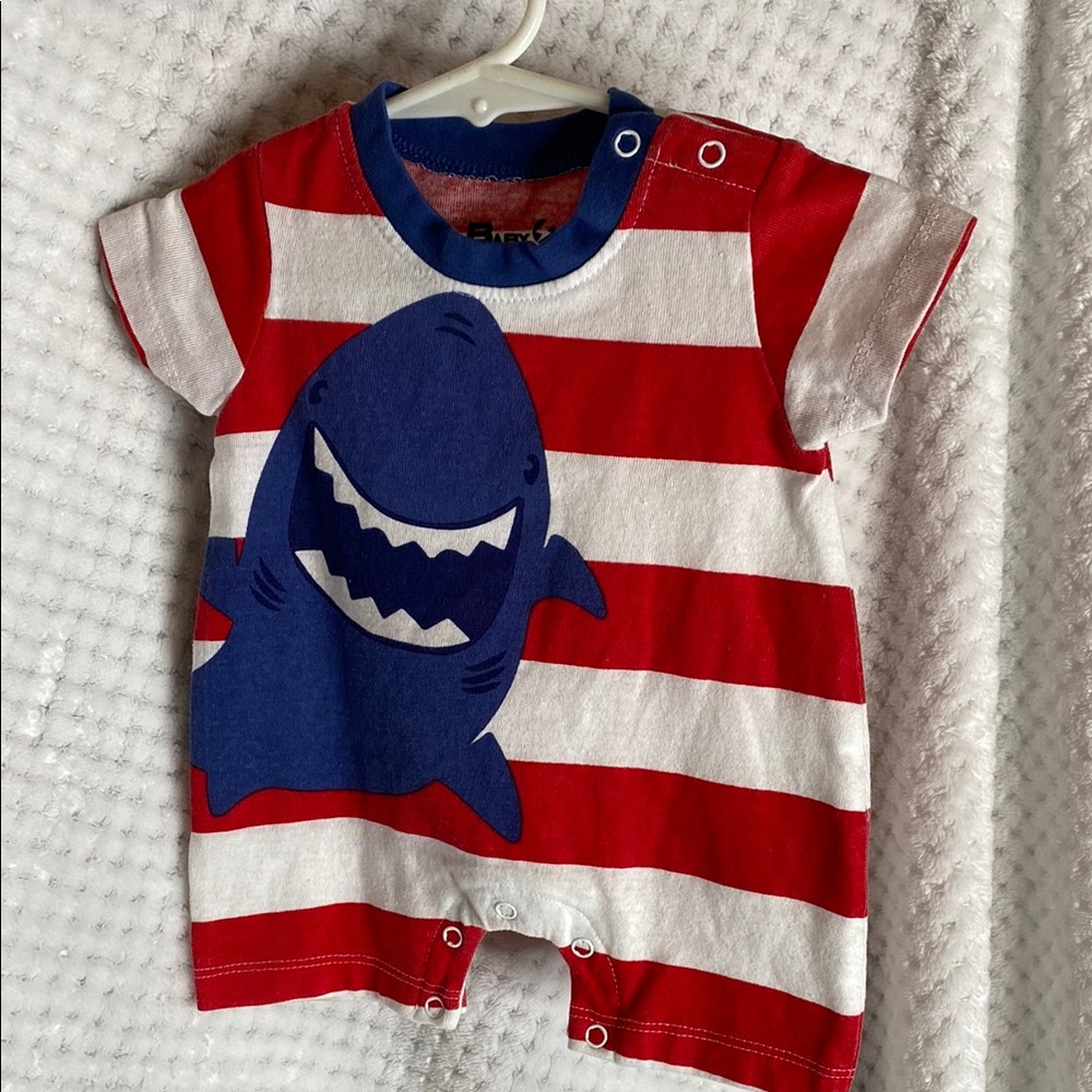 Baby Rebels Shark Graphic Striped Romper Outfit